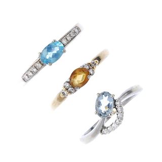A selection of four gold diamond and gem-set rings. To include a 14ct gold tanzanite and diamond abs