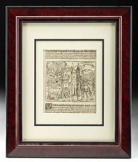 Framed German Woodblock - Burning Castle ca. 1600
