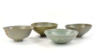 4 Korean Celadon Slip Inlaid Bowls, 13-14th C.