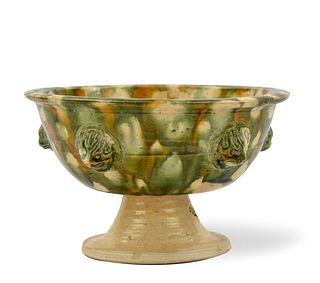 Chinese Sancai Glazed Stem Bowl, Tang Dynasty