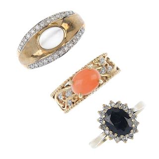 A selection of three 9ct gold gem-set dress rings. To include a sapphire and diamond cluster ring, a
