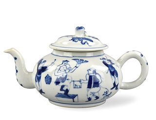 Chinese Blue & White Teapot w/ Figure, 19th C.