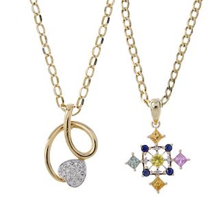 Two 9ct gold diamond and gem-set pendants. To include a single-cut diamond heart-shape panel and scr