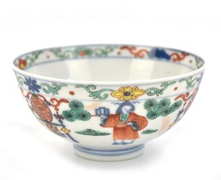 Chinese Doucai Enamel Bowl w/ Figures, 19th C.