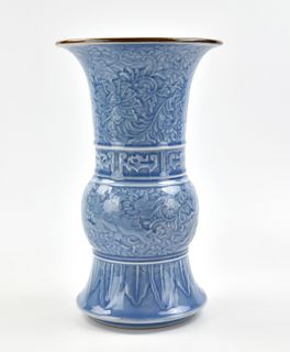 Chinese Blue Glazed Gu Vase w/ Archaic Decor, 19th