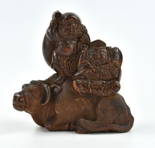 Chinese Carved Wood "HeHe" on Cattle, Qing Dynasty