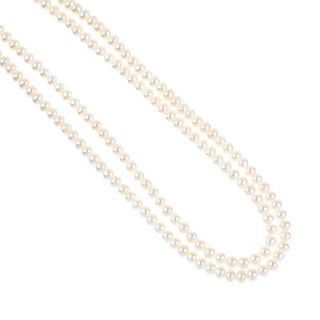 A freshwater cultured pearl two-row necklace. Each row comprising a series of freshwater cultured pe