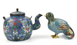 Group of 2 Chinese Cloisonne Bird & Teapot, Qing D