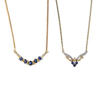 Two sapphire and diamond necklaces. The first designed as a series of oval-shape sapphires with sing
