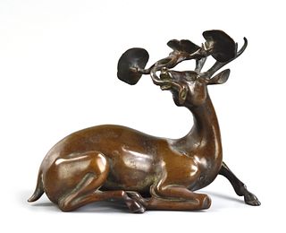 Chinese Carved Bronze Deer w/ Lingzhi, 19th C.