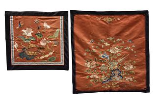 2 Chinese Embroidery w/ Lotus & Peony, Qing D.