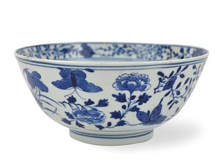 Chinese Blue & White Bowl w/ Birds& Flower, 19th C
