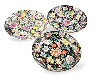 3 Chinese Black Famille Rose Flower Plates, ROC P.