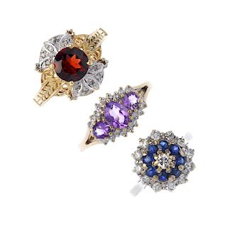 A selection of three diamond and gem-set rings. To include a brilliant-cut diamond and circular-shap
