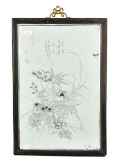 Chinese Incised Porcelain Plaque w/ Flower, Qing D