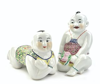 2 Chinese Famille Rose Porcelain Boy Figure