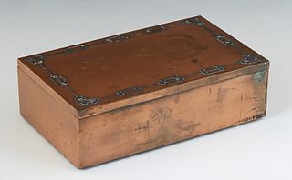 Heintz Art Metal Silver and Copper Humidor, c. 1912, #4090, with a mahogany lined interior and a wire receptacle for apple slices in the lid, H.- 3 W.