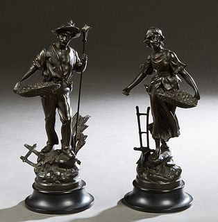 Pair of Patinated Bronze Figures, 20th c., of an agrarian couple from the "Collection Francais," she with a plow and he with a rake, #AK315 and #AL315