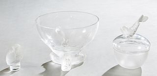 Three Pieces of Lalique Crystal, consisting of an "Igor" caviar bowl on tripodal fish feet, and its small covered fish handled interior bowl, together