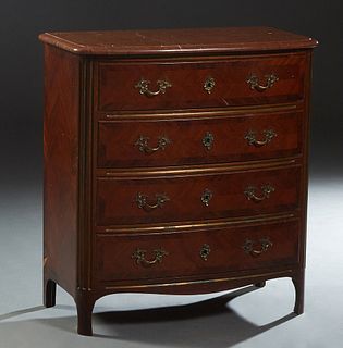 French Louis XIV Style Carved Mahogany Marble Top Commode, 19th c., the rounded edge and corner highly figured rouge bowfront marble over four drawers