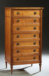 Unusual French Louis XVI Style Carved Walnut Cabinet, early 20th c., the cookie corner top over a cupboard door with seven faux drawer fronts, flanked