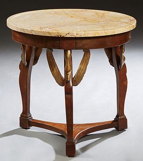 French Empire Style Carved Mahogany Marble Top Gueridon, early 20th c., the dished circular ocher marble over a wide skirt with tripodal cabriole legs