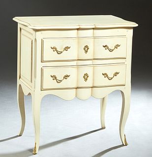 French Louis XV Style Ormolu Mounted Polychromed Beech Commode, 20th c., the stepped bowed top over two deep bowed drawers, on cabriole legs with ormo
