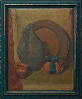 G.H. Harrison, "Still Life of Pitchers," 20th c., oil on canvas, signed lower right, presented in a painted green frame, H.- 22 in., W.- 17 3/4 in., F