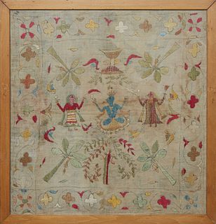 Chamba Rumal (India), "Rama with Two Figures," early 20th c., silk on muslin, presented in a birch frame, H.- 20 in., W.- 19 1/2 in., Framed H.- 22 in