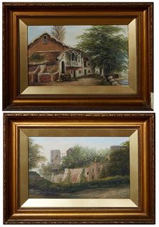 Continental School, "Farmhouse Along the River," and "European Castle Along the River," early 20th c., pair of oils on canvas, both unsigned and prese