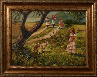J. Webb, "Children with Two Lambs," 20th c., oil on board, signed lower right, presented in a polychromed frame, H.- 10 1/2 in., W.- 14 1/2 in., Frame