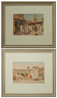 Pair of Moroccan Scenes, "Marrakech" and "Rabat, Les Portes Boulevard et Alou," 1944, pair of watercolors on paper, signed lower right, each presented