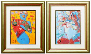 Peter Max (1937-, German/American), "Fan Dancer," and "Blushing Beauty," 1990, limited edition fine art plaque by the Franklin Mint, both signed lower
