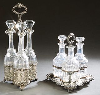 Two Silverplate Decanter Stands, late 19th c., one with a latticed trefoil stand with three tall decanters and stoppers around a central tall handle, 