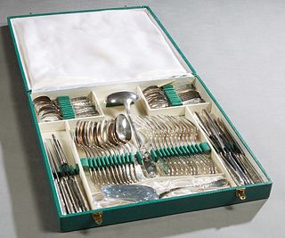 French Sixty-Two Piece Set of Silverplated Dinnerware, c. 1969, consisting of 12 soup spoons, 12 dinner forks, 12 teaspoons, 12 salad forks, 12 dinner