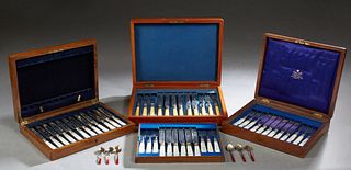 Three Cased Cutlery Sets, early 20th c., consisting of six piece sterling and enamel demitasse spoon set , by Bradrene Lohne, Bergen, Norway, in a fit