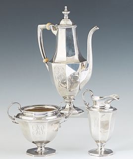 Sterling Three Piece Solitaire Coffee Set, early 19th c., by Gorham, consisting of a coffee pot, a creamer and an open sugar, with beaded decoration, 