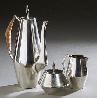 Vintage Three Piece Sterling Coffee Set, 1958, designed by Geo Ponti, for Reed and Barton in the "Diamond" pattern, consisting of a coffee pot, covere