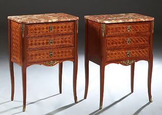 Pair of French Louis XV Style Parquetry Inlaid Marble Top Mahogany Nightstands, late 19th c., the rounded corner ogee edge tan Breche d'Alpes marble o
