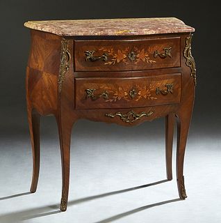 Diminutive French Louis XV Style Marquetry Inlaid Mahogany Marble Top Commode, early 20th c., the stepped serpentine rounded corner figured ocher and 