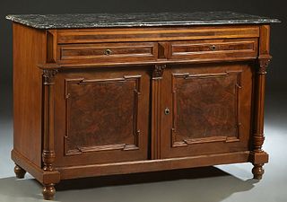 French Louis Philippe Style Carved Walnut Marble Top Sideboard, 19th c., the ogee edge highly figured gray marble over two frieze drawers above two se