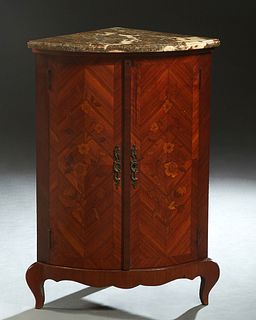 French Louis Philippe Marquetry Inlaid Mahogany Marble Top Corner Cabinet, early 20th c., the highly figured ogee edge Breche d'Alpes tan marble over 