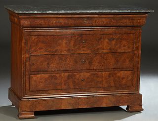 French Louis Philippe Carved Walnut Marble Top Commode, 19th c., the reeded edge rounded corner highly figured gray marble over a cavetto frieze drawe