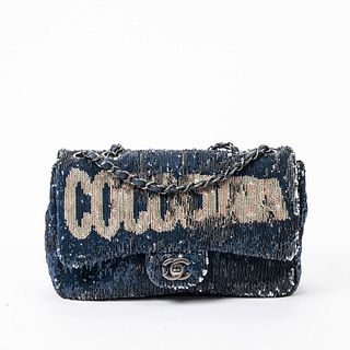 Chanel Limited Edition "Coco Cuba" Mono Flap Shoulder Bag, in dark blue calf leather overlaid in "Coco Cuba" sequins with chain interlaced handles and