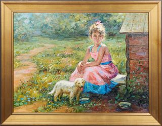 Leonard W. Howard (1974-, American), "Girl and Her Dog," 20th c., oil on canvas, signed lower right, presented in a gilt frame, H.- 23 in., W.- 30 1/4