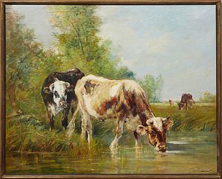 Edmond Joseph de Pratere (1826-1888, Belgian), "Cows in the Field," 19th c., oil on canvas, signed indistinctly in lower right, presented in a gilt fr