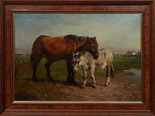 Henry Schouten (1857–1927, Belgian), "Horse and Donkey," early 20th c., oil on canvas, signed lower left, "Peint par moi P.N. Schoutz," written en ver