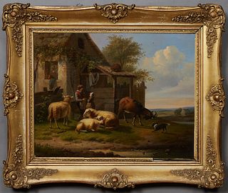 Henri de Beul (1845–1900, Belgian), "Around the Farm," 19th c., oil on canvas, signed lower left, presented in a gilt and gesso frame, H.- 15 in., W.-