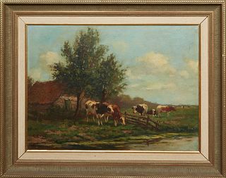 Cornelis Verschuur (1888-1966, Dutch), "Cows in a Pasture," 20th c., oil on canvas, signed lower left, presented in a reeded gilt frame with a linen l