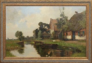 Johan Hendrik Kaemerer (1890-1970, Dutch), "Dutch Landscape with River," 20th c., oil on canvas, signed lower right, presented in a gilt relief frame,